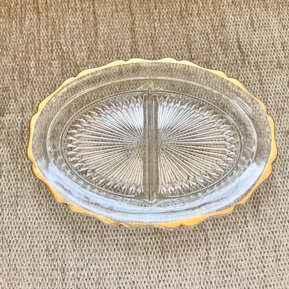 Vintage Jeannette Glass Oval Divided Relish Tray Gold Rimmed - Picture 1 of 4